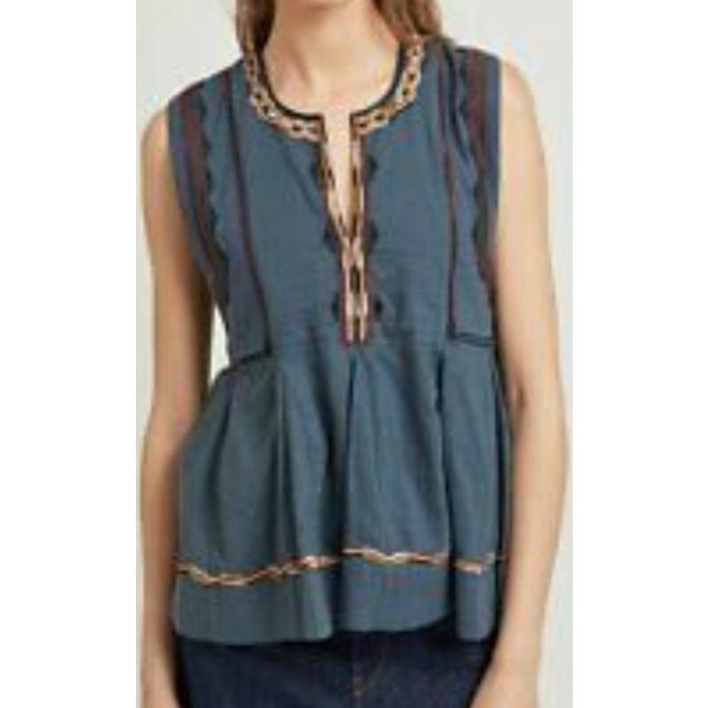 ISABEL MARANT ETOILE BARNEY SLEEVELESS EMBROIDERED BLOUSE TEAL BLUE